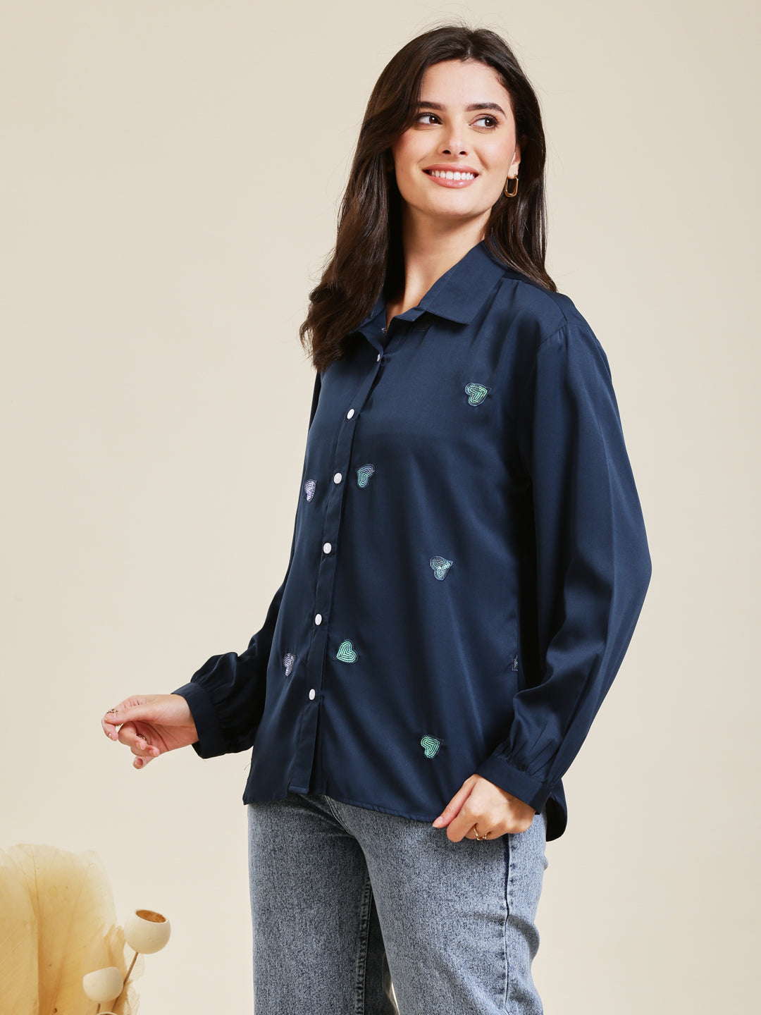 Navy Blue Embroidered Full Sleeves Regular Crepe Shirt