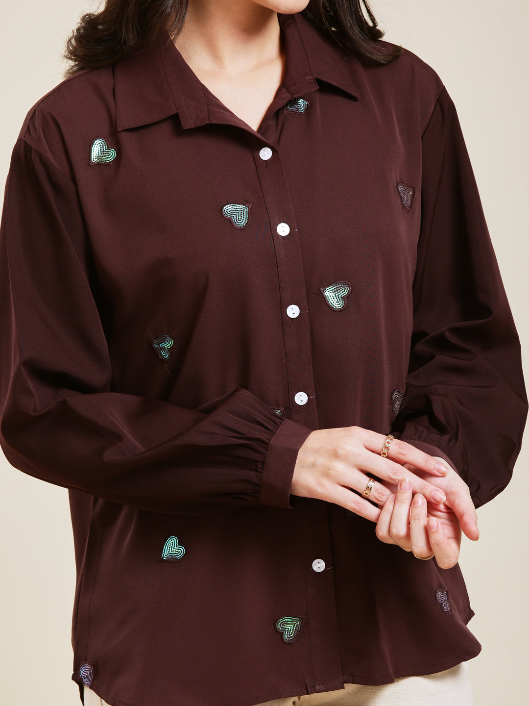 Coffee Embroidered Full Sleeves Regular Crepe Shirt