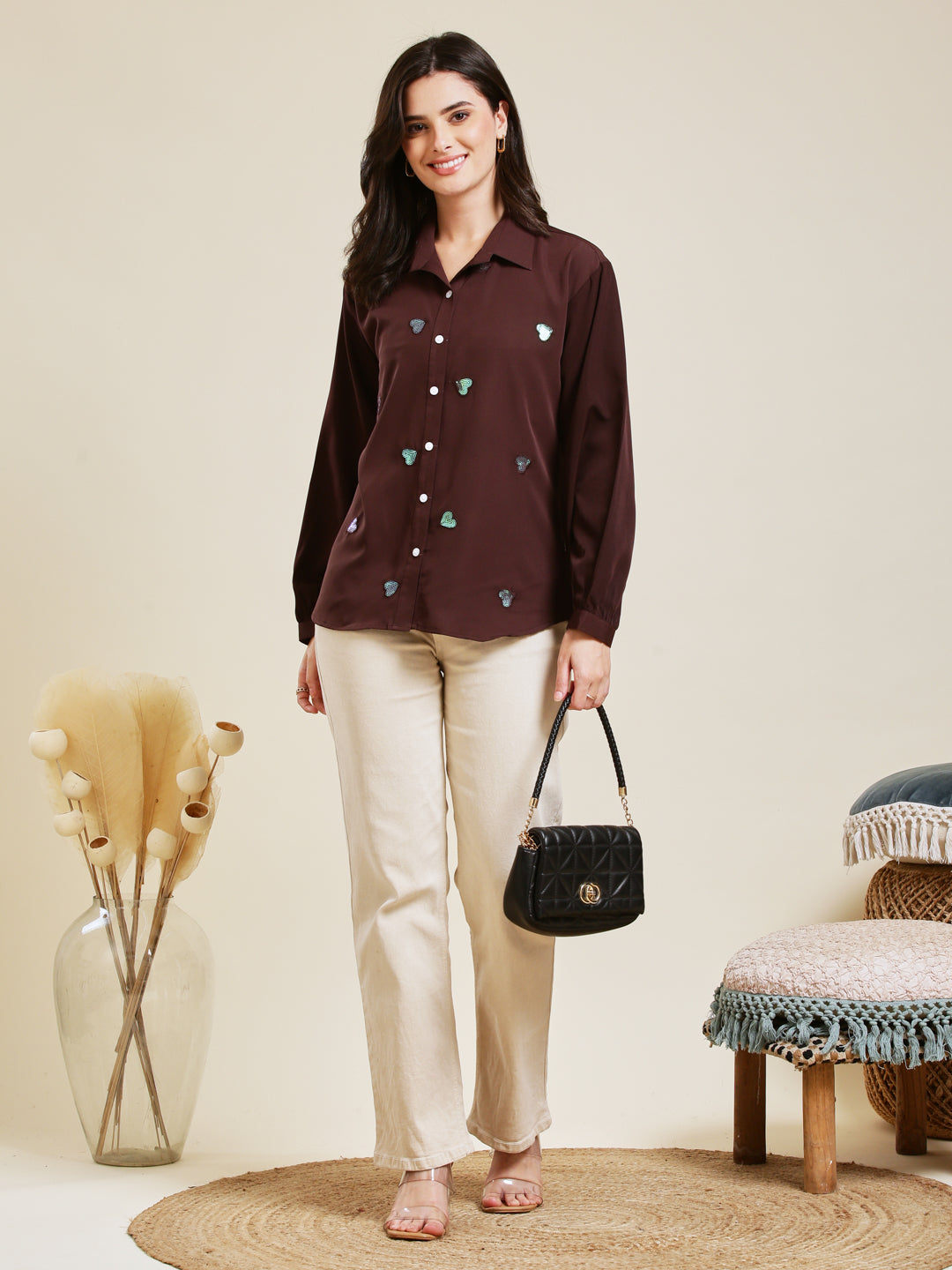 Coffee Embroidered Full Sleeves Regular Crepe Shirt