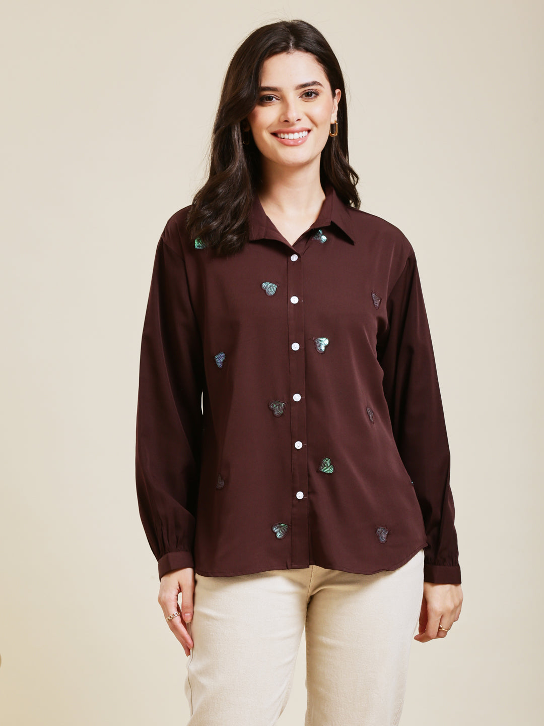 Coffee Embroidered Full Sleeves Regular Crepe Shirt