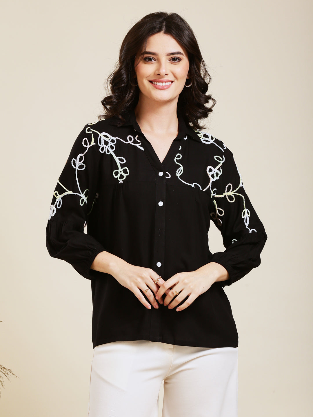 Designer Black Embroidered Rayon Shirt for Women