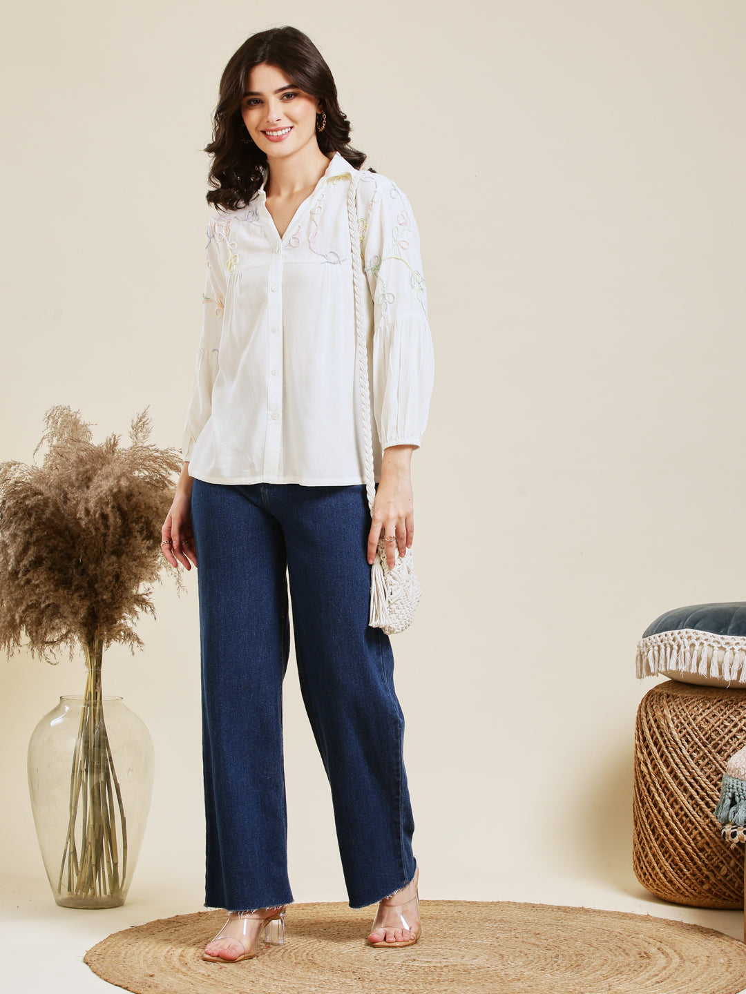 Designer White Embroidered Rayon Shirt for Women