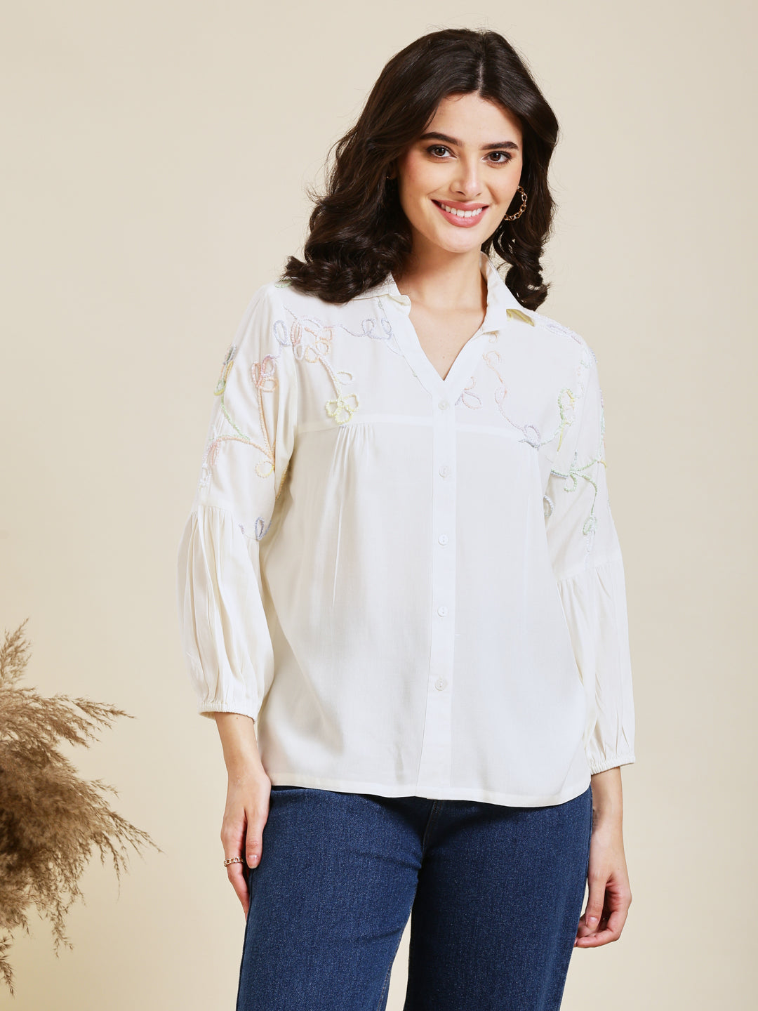 Designer White Embroidered Rayon Shirt for Women