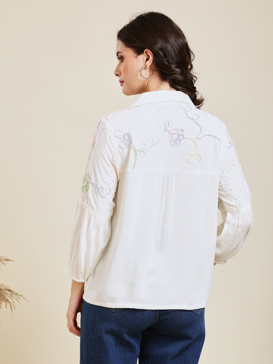 Designer White Embroidered Rayon Shirt for Women