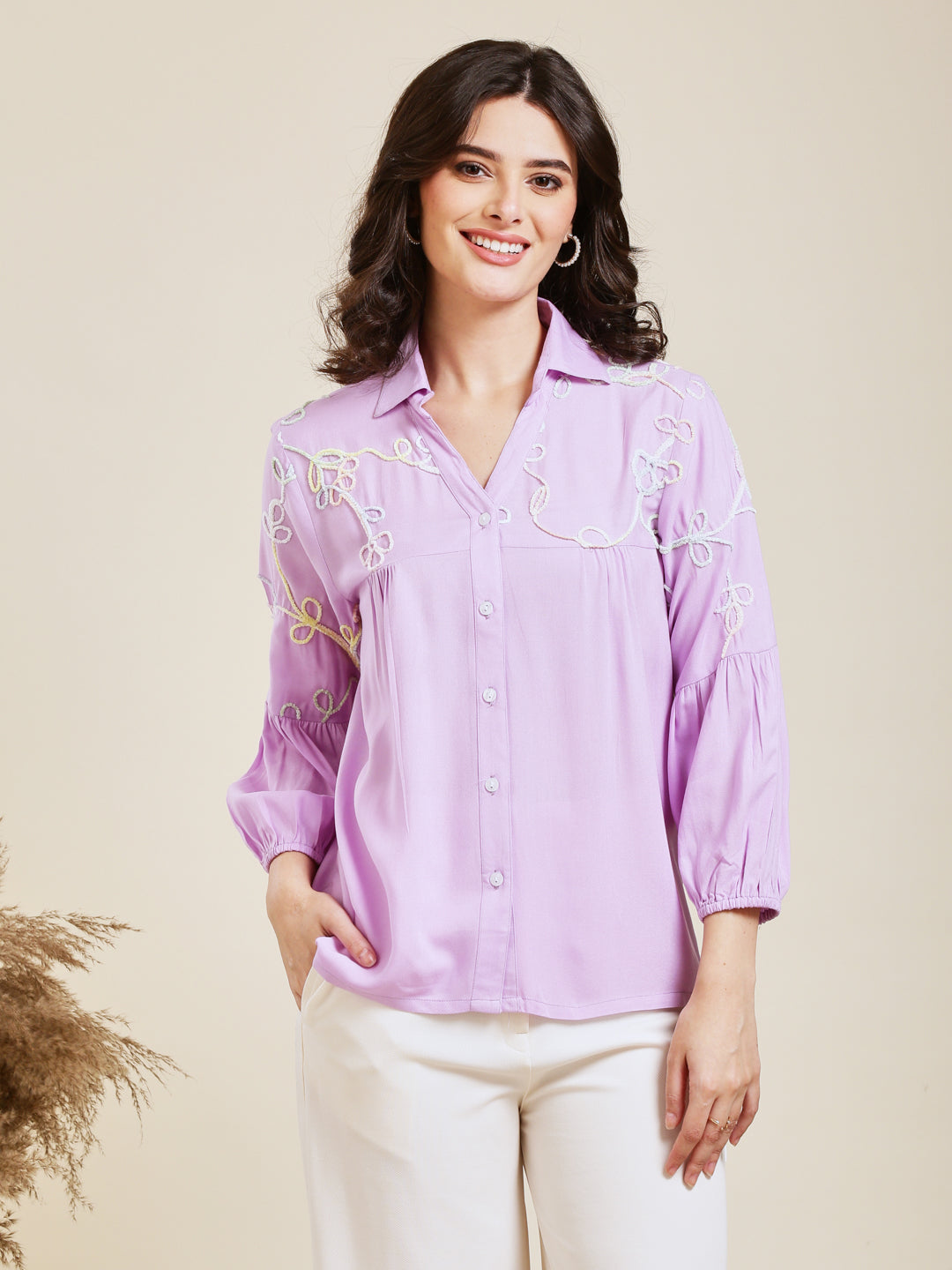 Designer Lavender Embroidered Rayon Shirt for Women