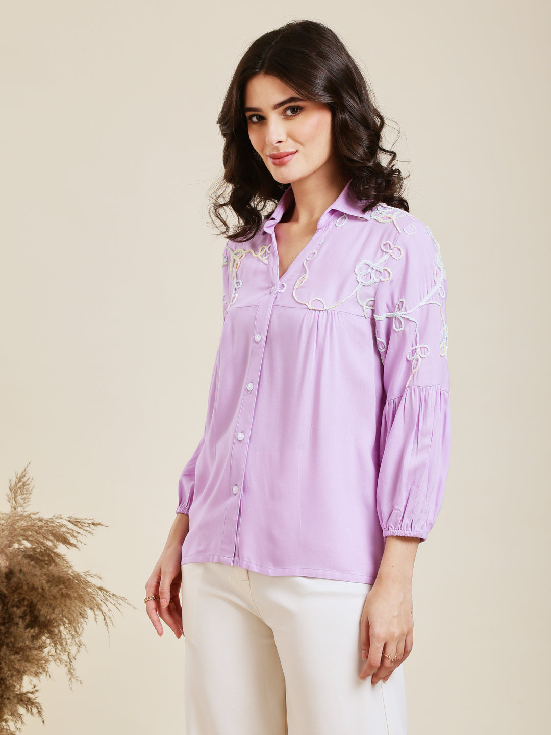 Designer Lavender Embroidered Rayon Shirt for Women