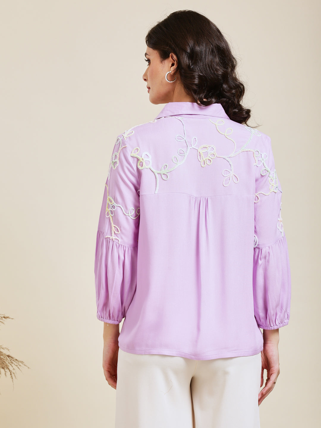 Designer Lavender Embroidered Rayon Shirt for Women