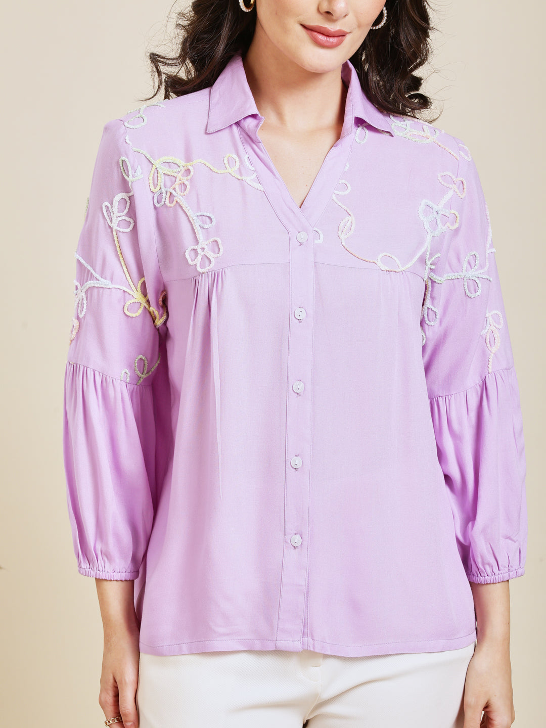 Designer Lavender Embroidered Rayon Shirt for Women