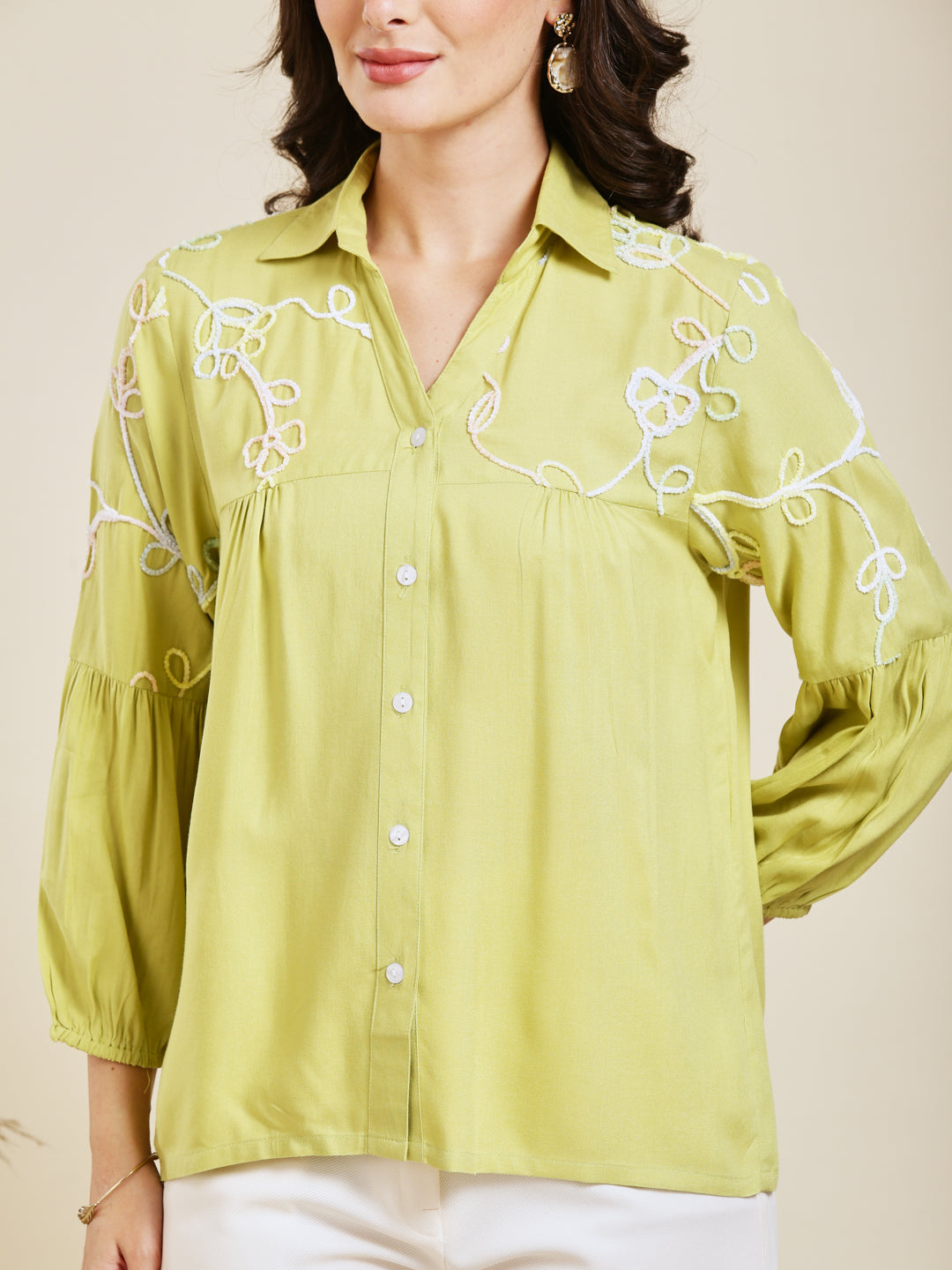 Designer Pista Embroidered Rayon Shirt for Women