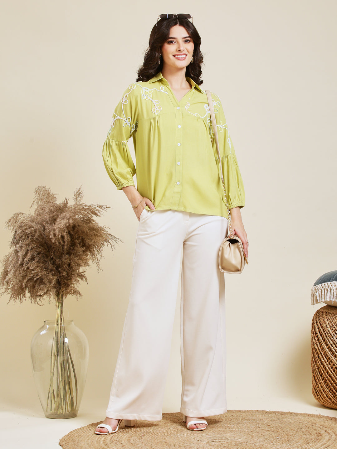 Designer Pista Embroidered Rayon Shirt for Women