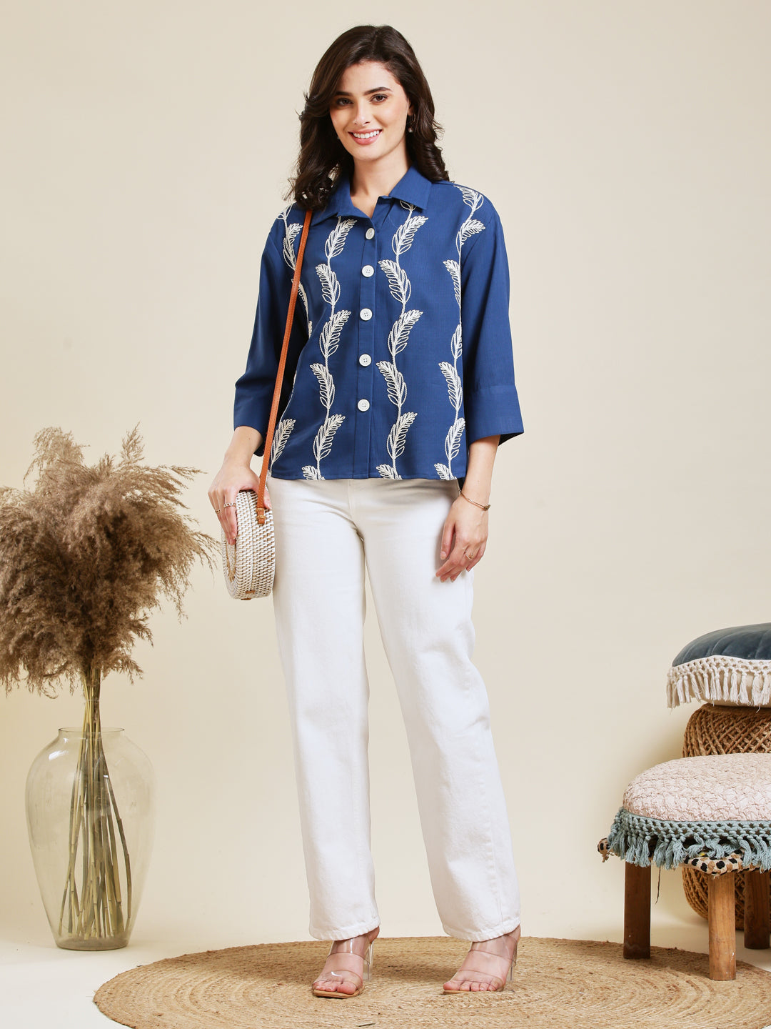 Royal Blue Embroidered Viscose Blend Shirt for Women