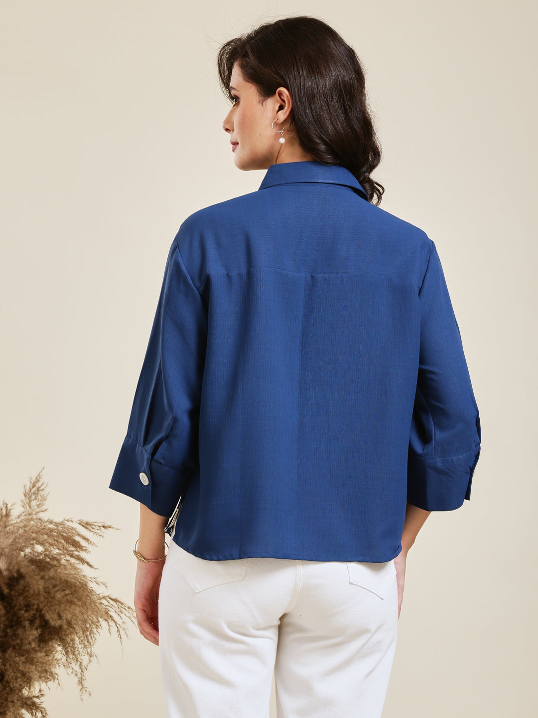 Royal Blue Embroidered Viscose Blend Shirt for Women