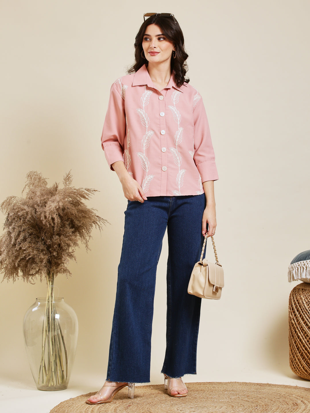 Baby Pink Embroidered Viscose Blend Shirt for Women
