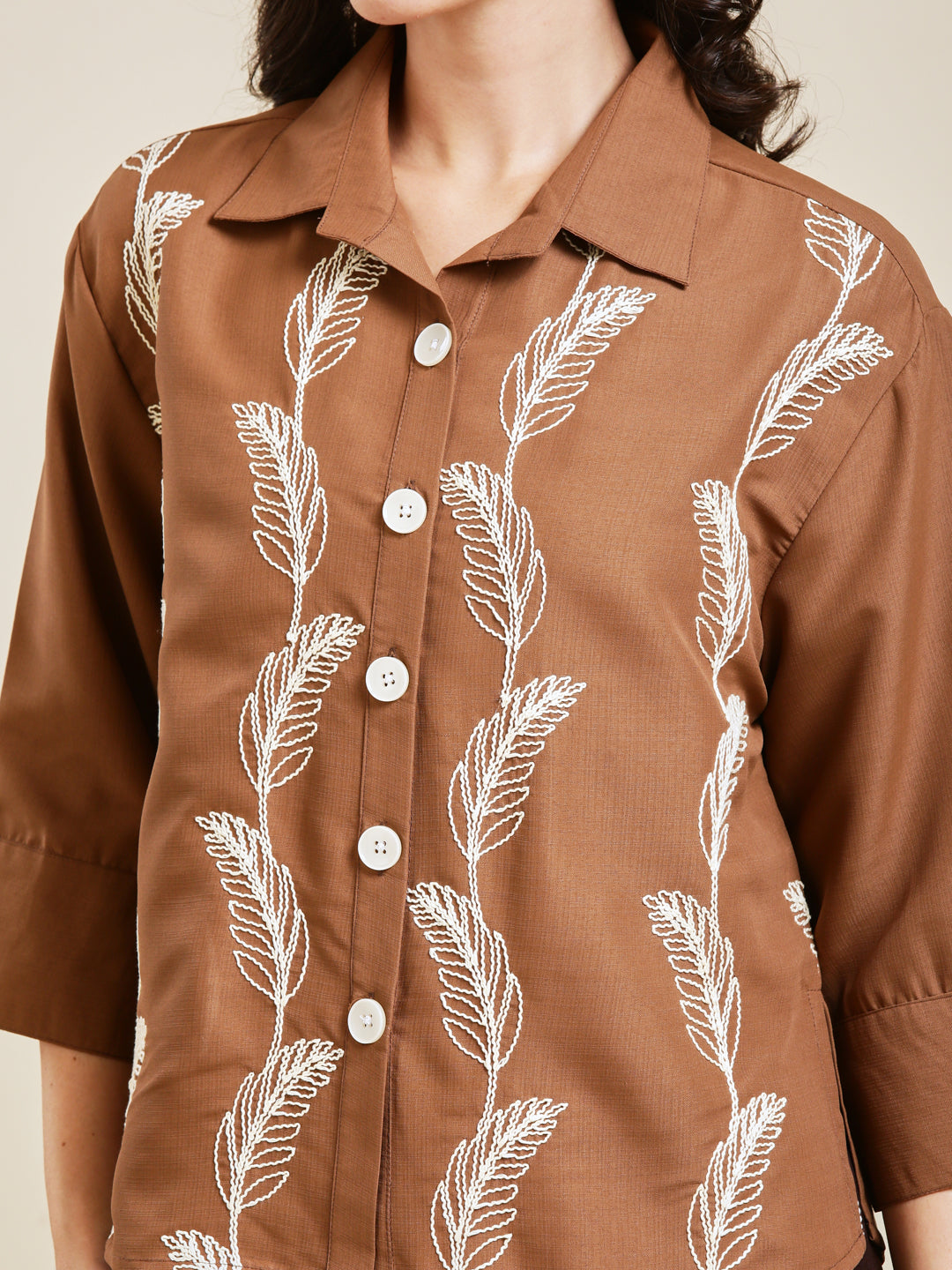 Caramel Embroidered Viscose Blend Shirt for Women