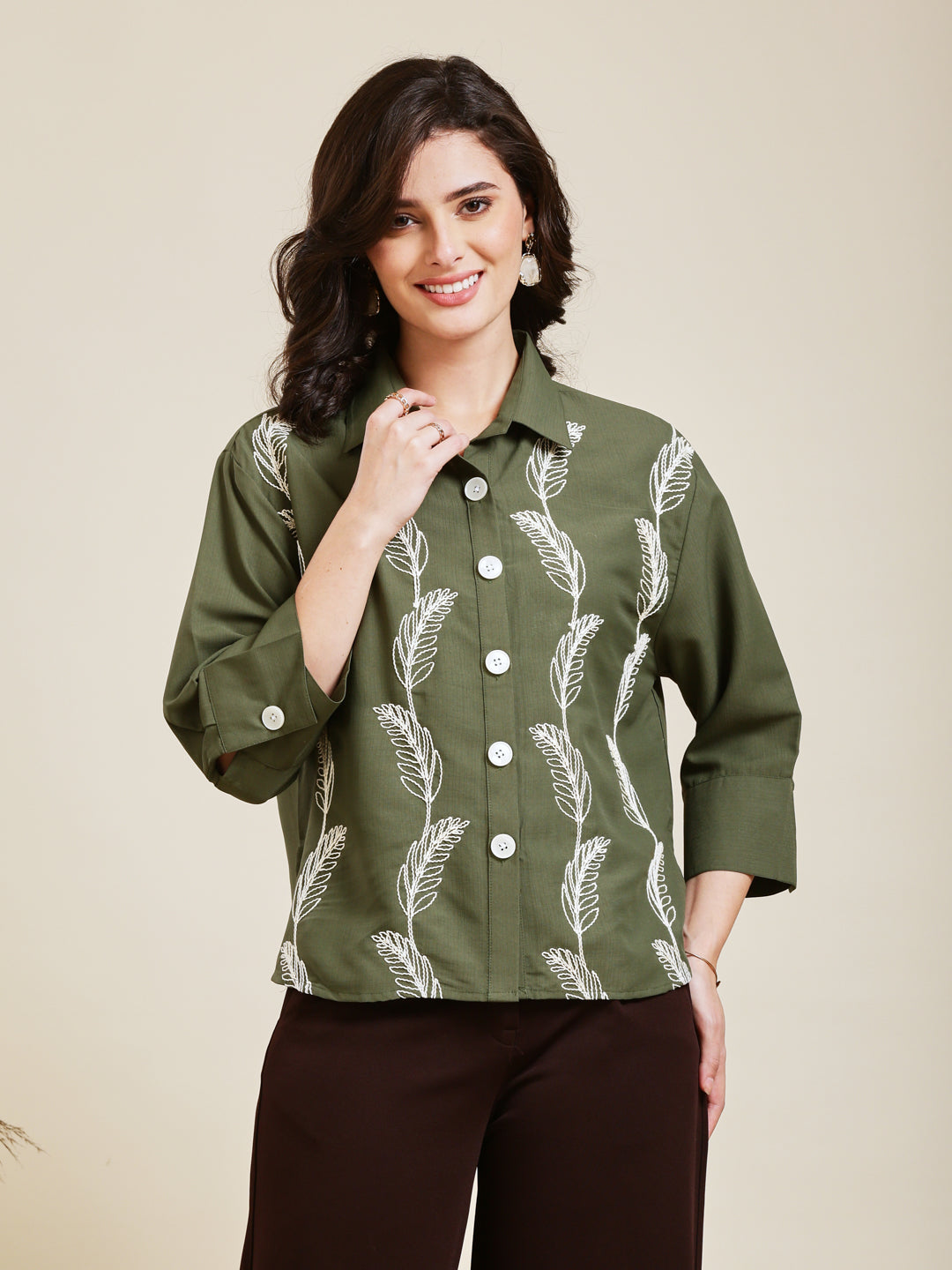Olive Embroidered Viscose Blend Shirt for Women