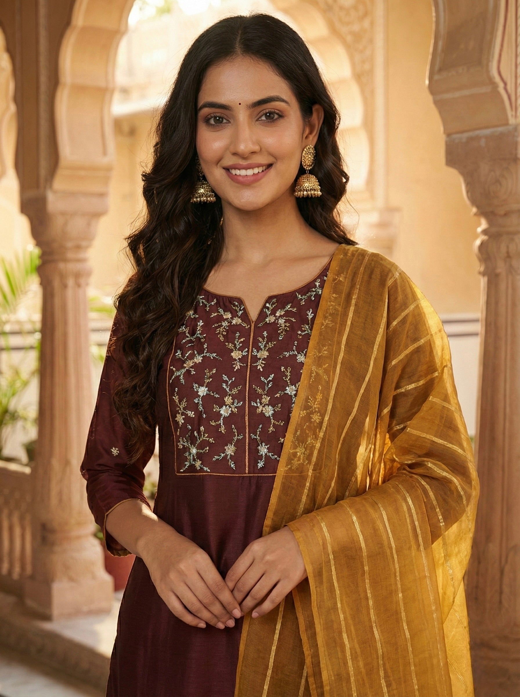 Coffee Embroidered Chinon Kurta with Dupatta Set for womens