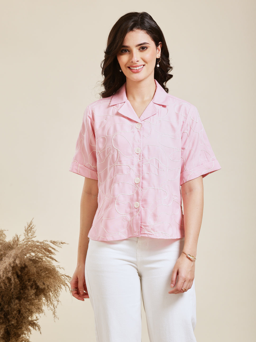 Pink Embroidered Rayon Shirt for Women