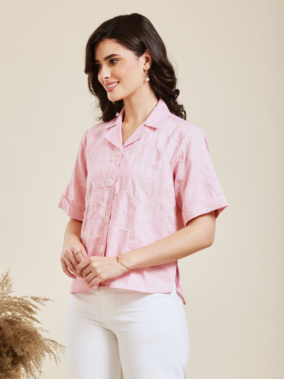 Pink Embroidered Rayon Shirt for Women