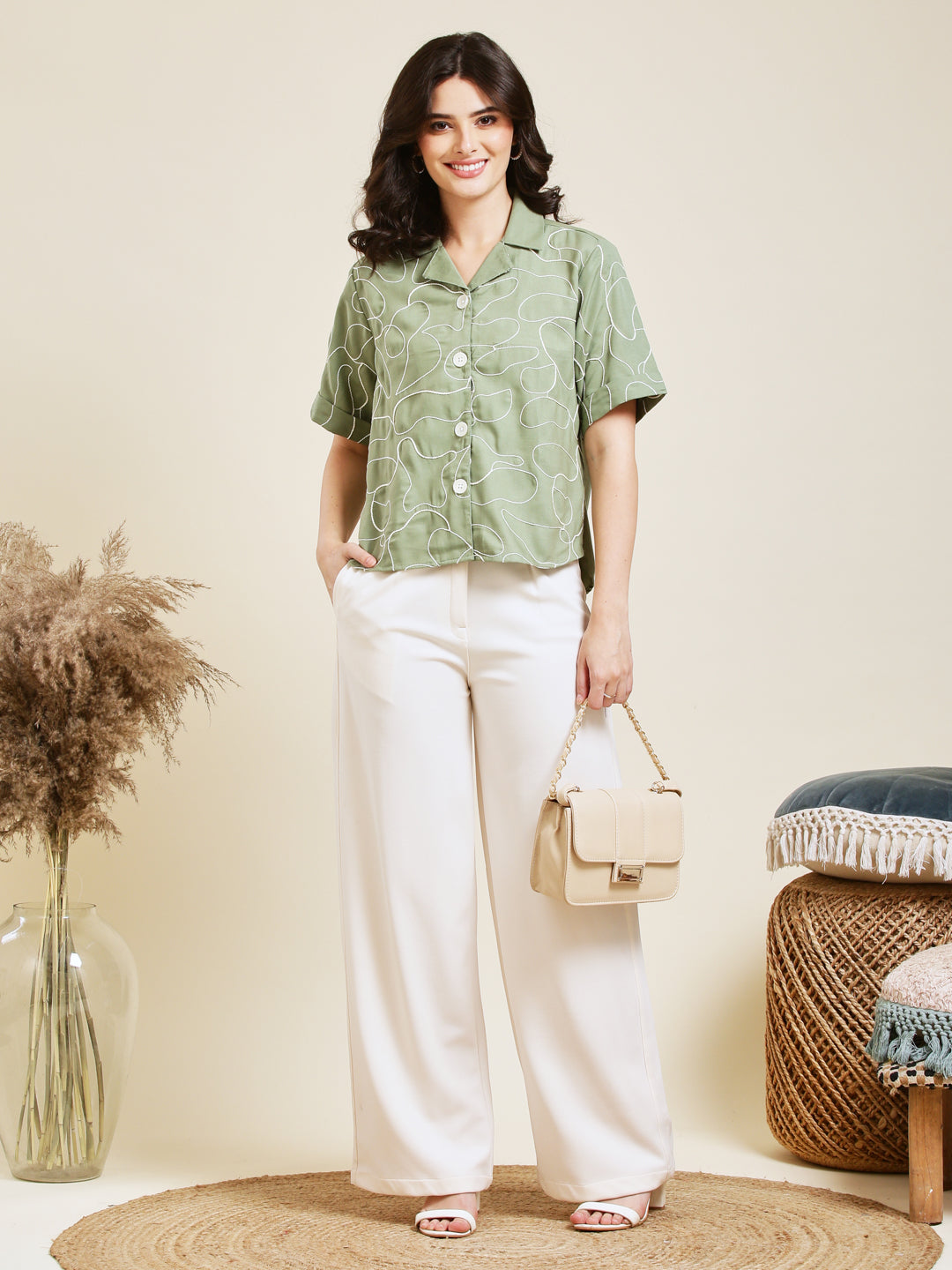 Mint Embroidered Rayon Shirt for Women