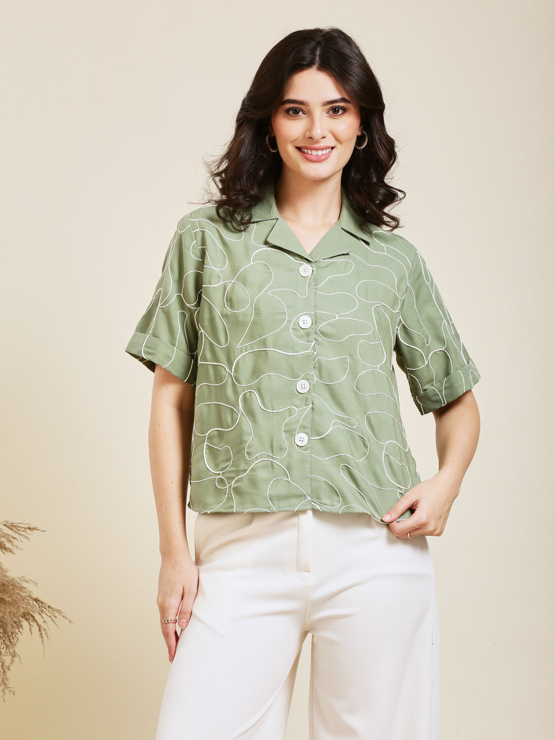 Mint Embroidered Rayon Shirt for Women