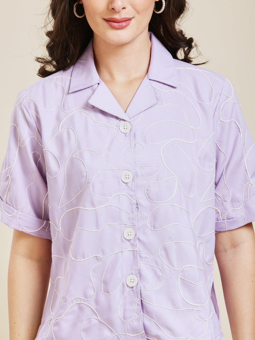 Lavender Embroidered Rayon Shirt for Women