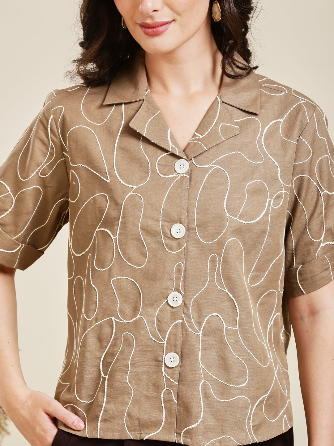 Brown Embroidered Rayon Shirt for Women