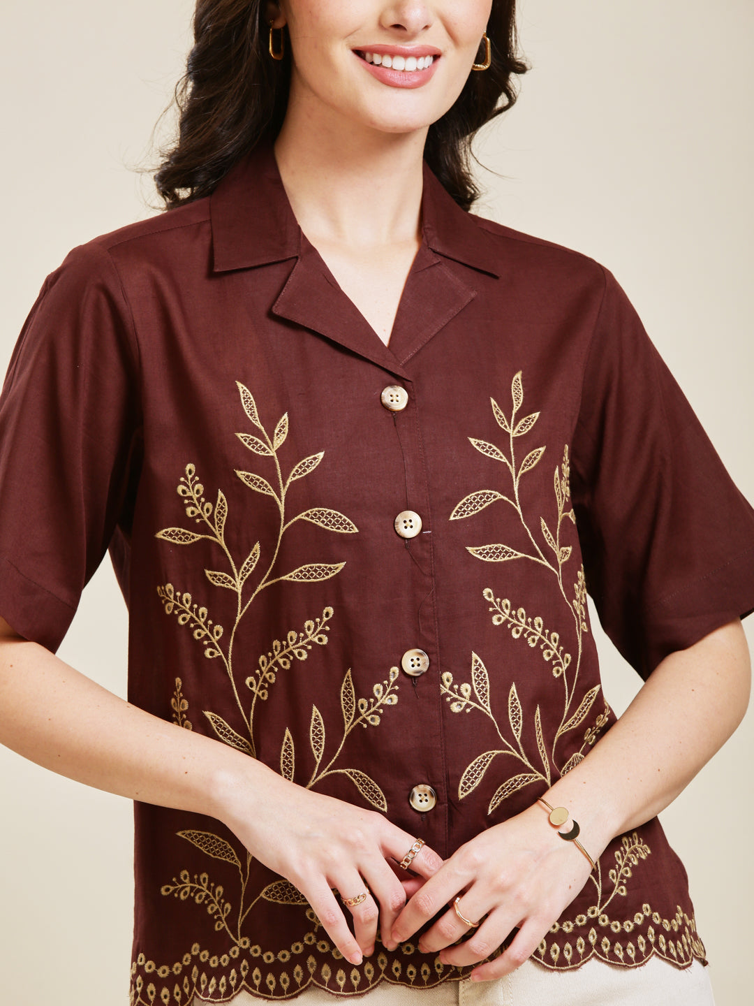 Coffee Embroidered Cotton Shirt for Women