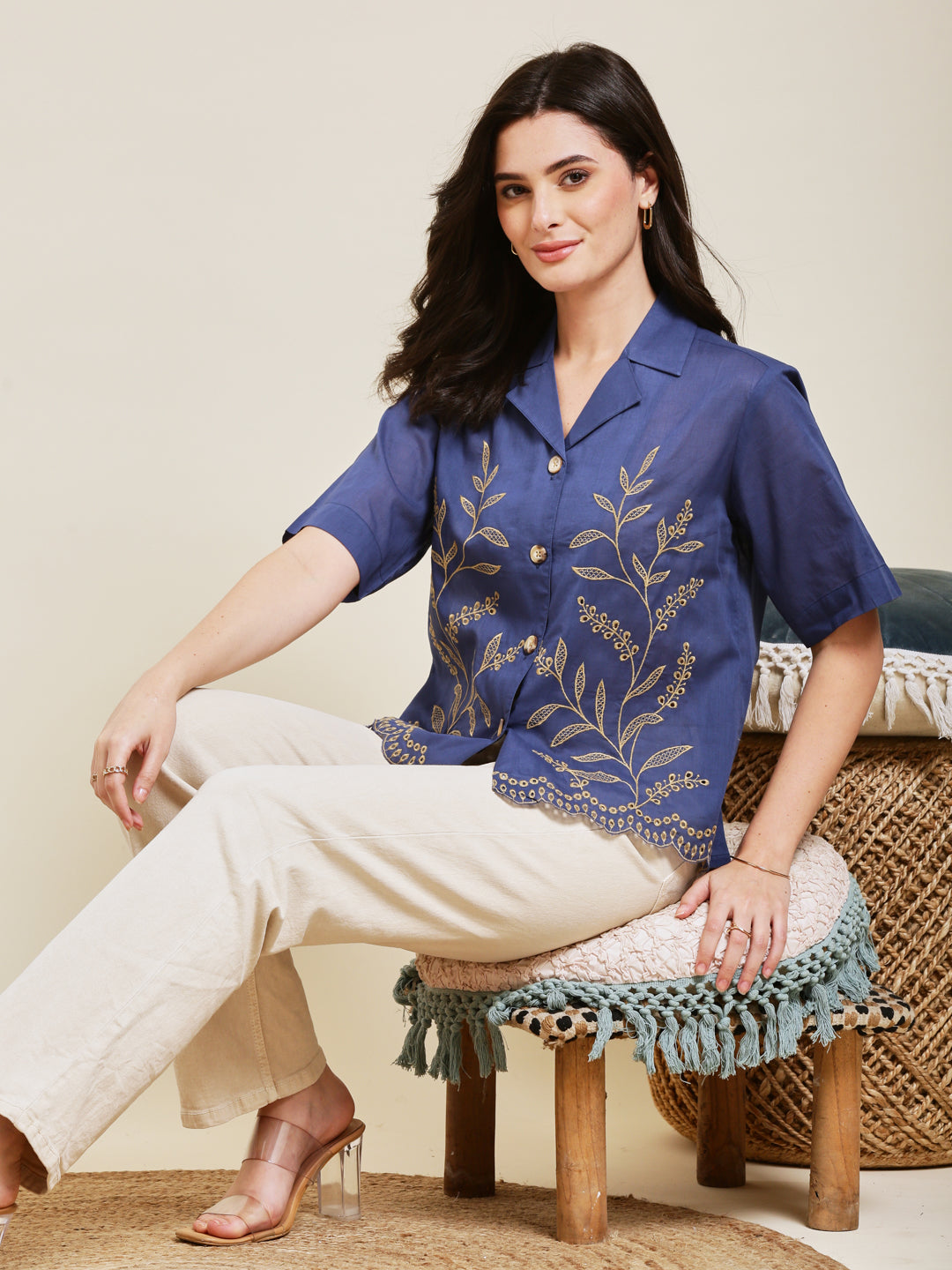 Royal Blue Embroidered Cotton Shirt for Women
