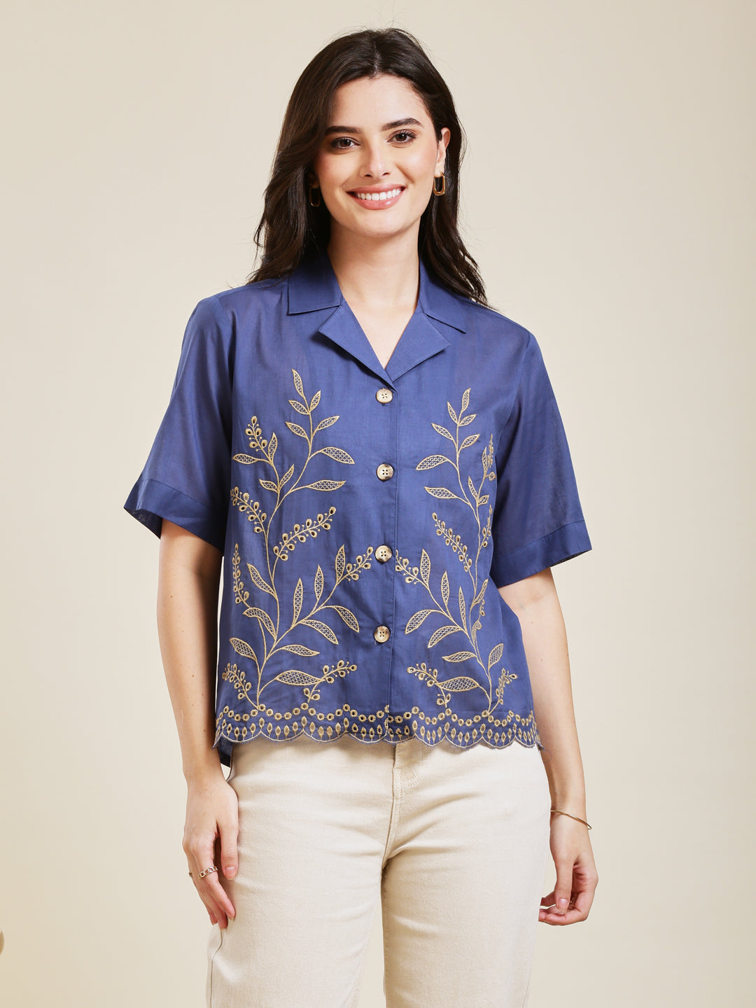 Royal Blue Embroidered Cotton Shirt for Women
