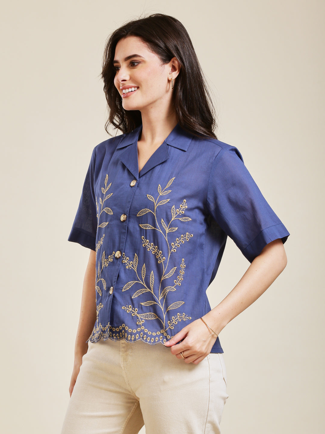 Royal Blue Embroidered Cotton Shirt for Women