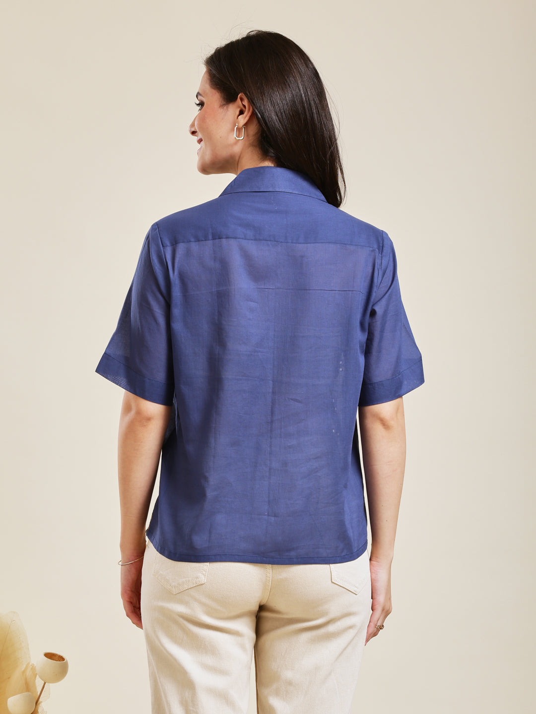Royal Blue Embroidered Cotton Shirt for Women