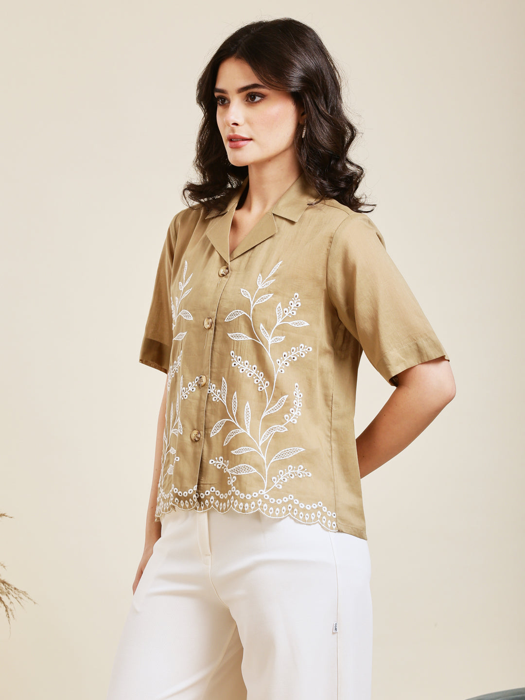 Dark Beige Embroidered Cotton Shirt for Women