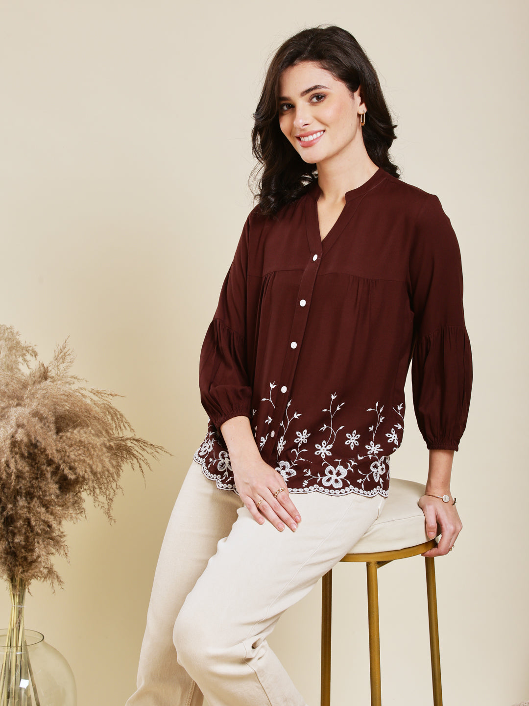 Coffee Embroidered Rayon Shirt for Women