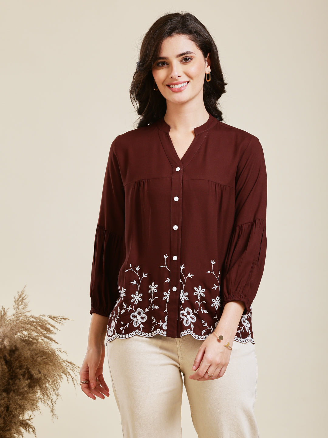 Coffee Embroidered Rayon Shirt for Women