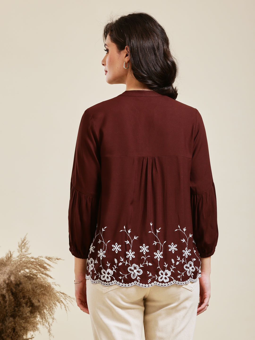 Coffee Embroidered Rayon Shirt for Women