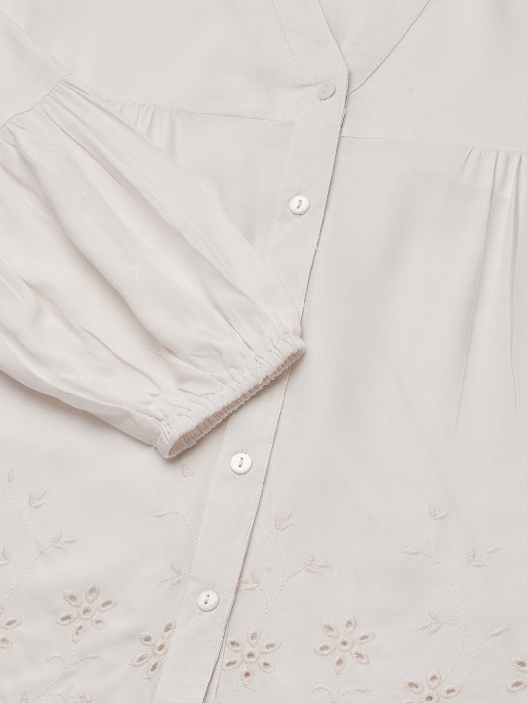 Off White Embroidered Rayon Shirt for Women