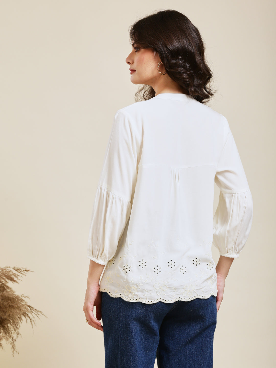 Off White Embroidered Rayon Shirt for Women