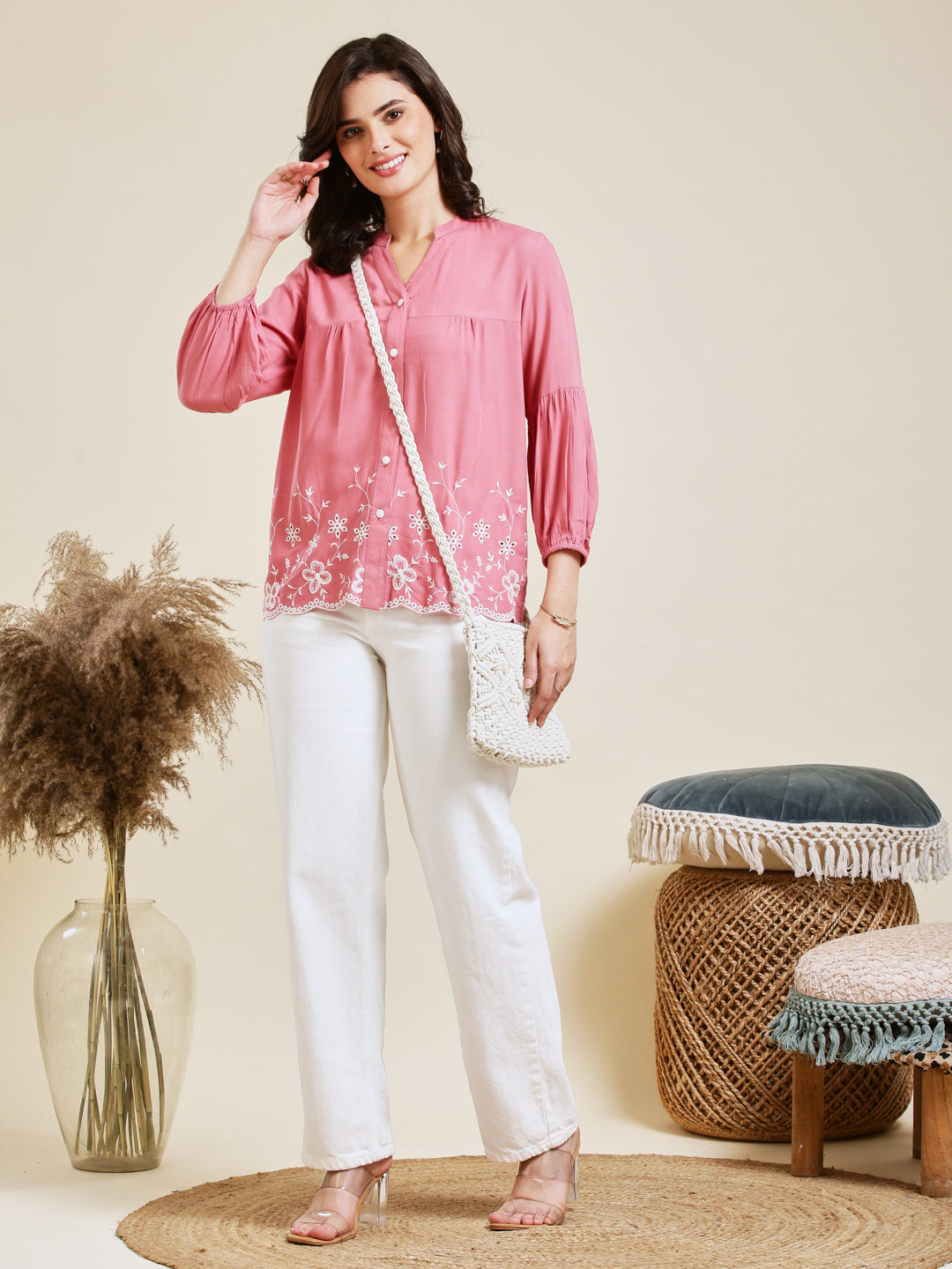 Pink Embroidered Rayon Shirt for Women