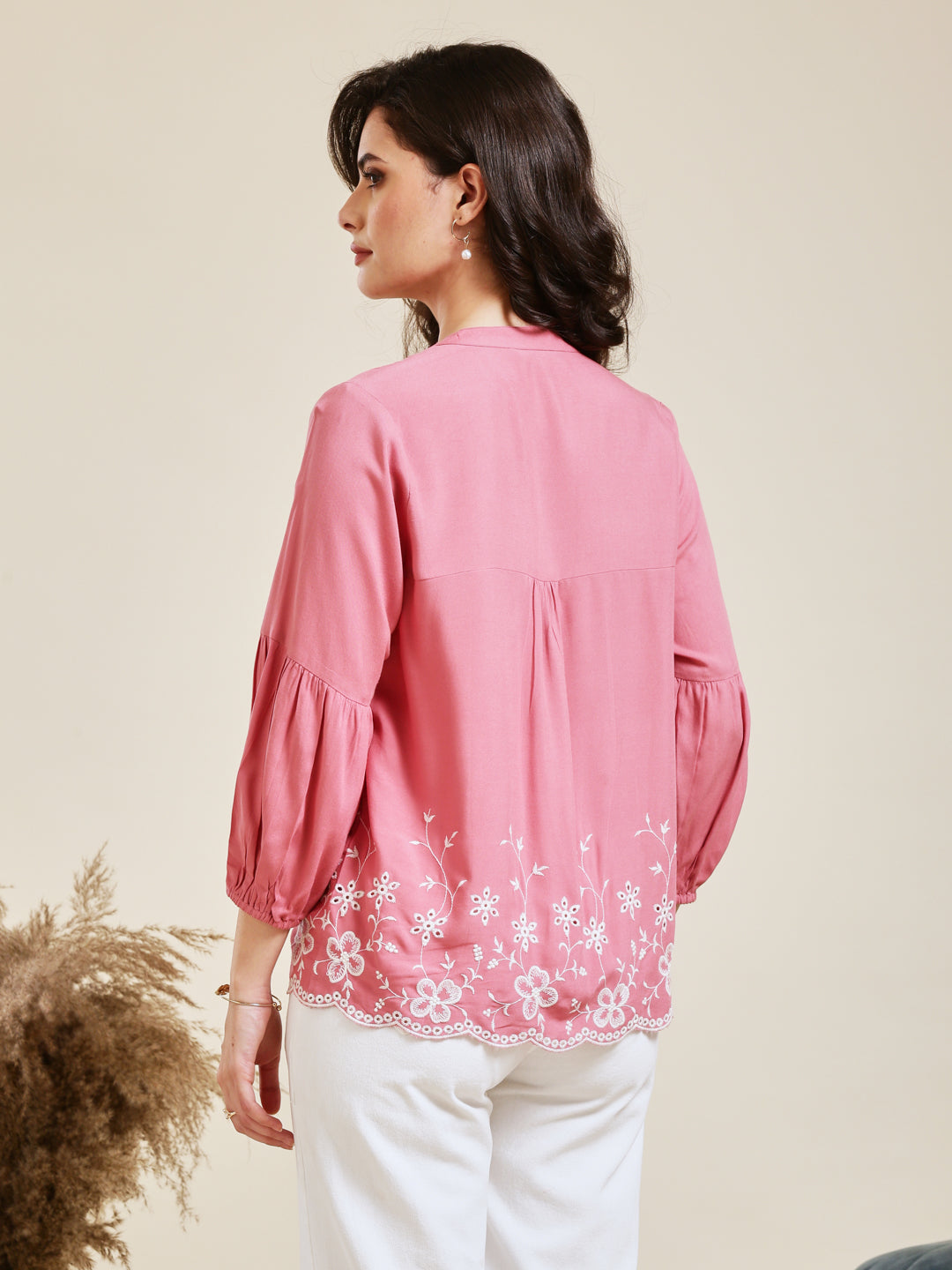Pink Embroidered Rayon Shirt for Women