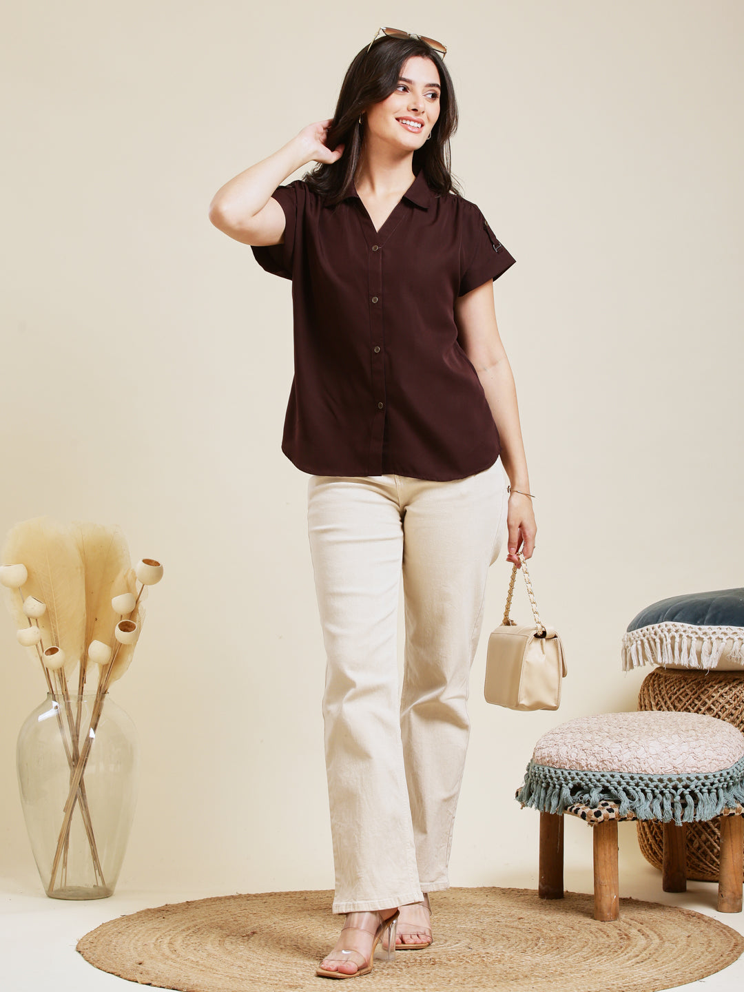 Coffee Embroidered Crepe Shirt for Women