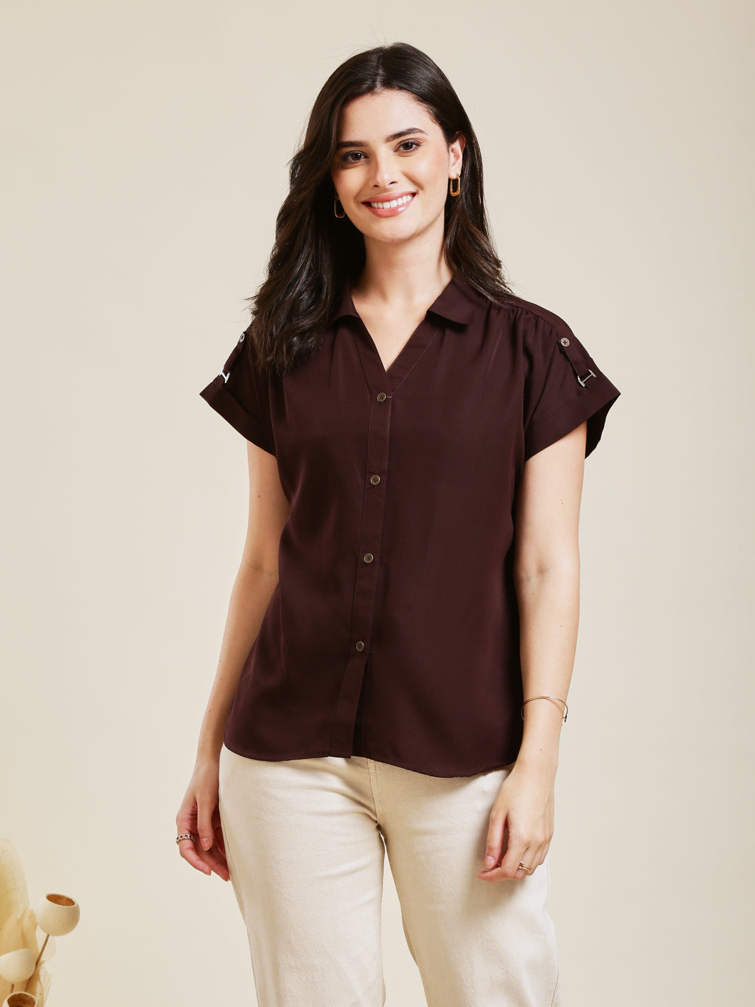 Coffee Embroidered Crepe Shirt for Women