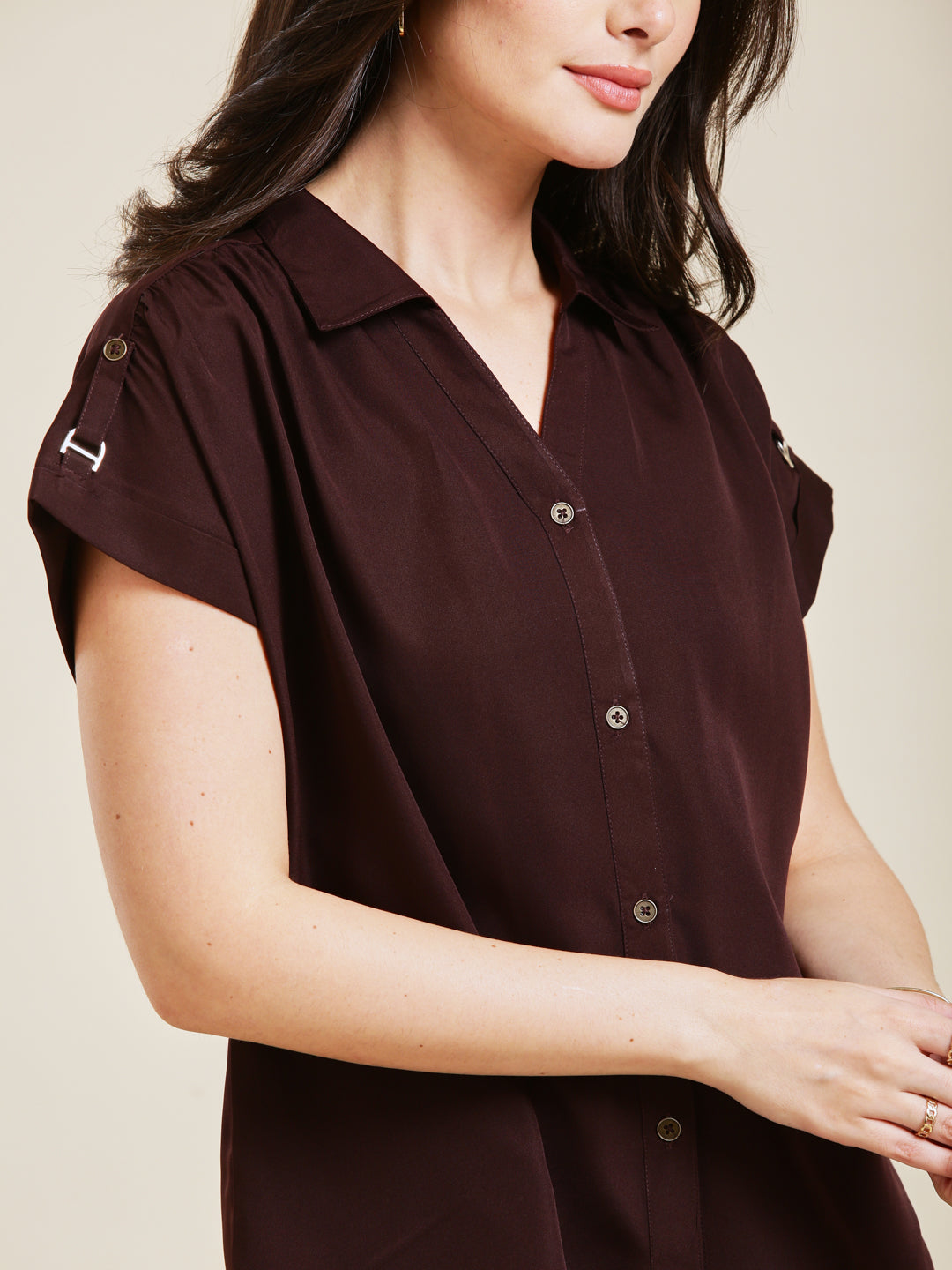 Coffee Embroidered Crepe Shirt for Women
