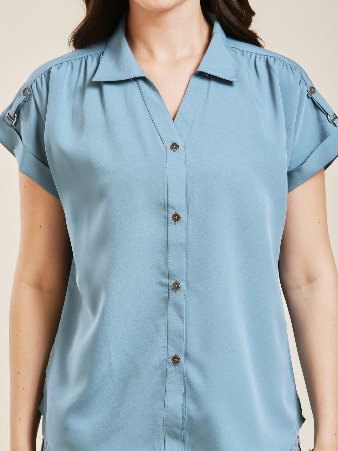 Denim Blue Embroidered Crepe Shirt for Women