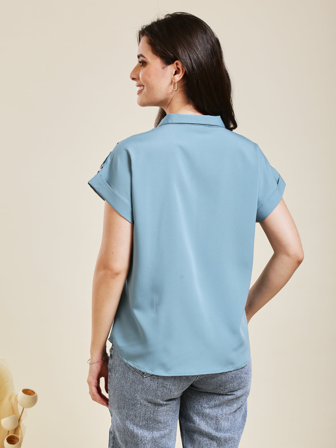 Denim Blue Embroidered Crepe Shirt for Women