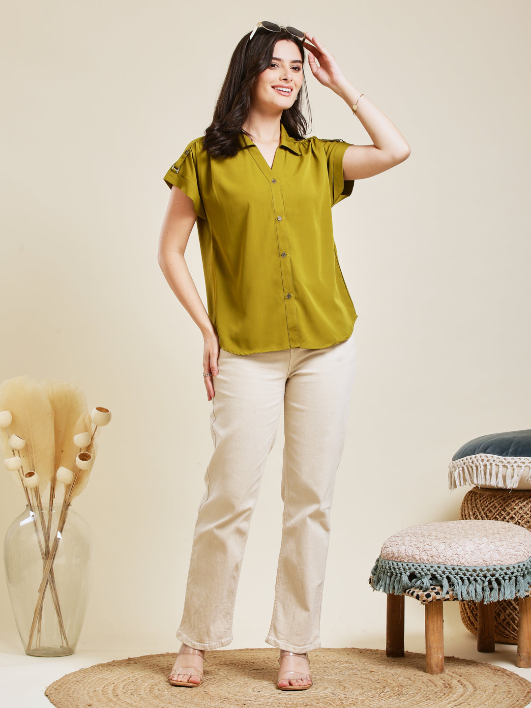 Olive Embroidered Crepe Shirt for Women
