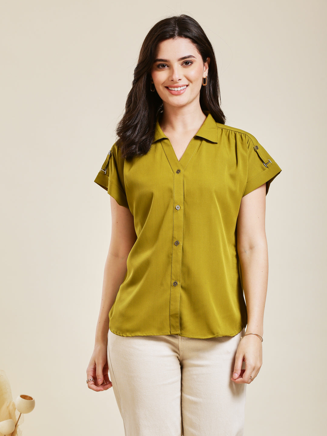 Olive Embroidered Crepe Shirt for Women