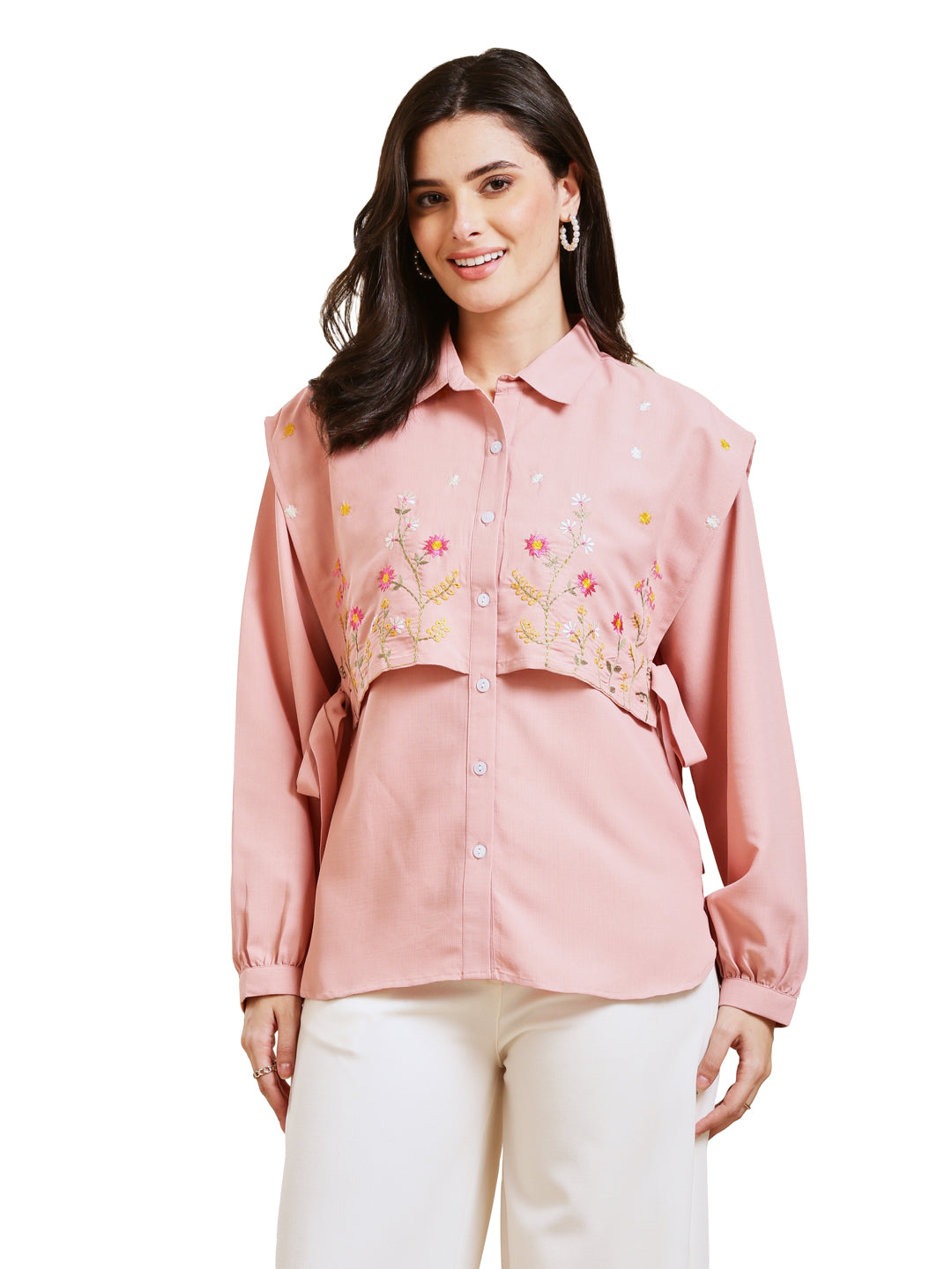 Baby Pink Embroidered Viscose Blend Shirt for Women
