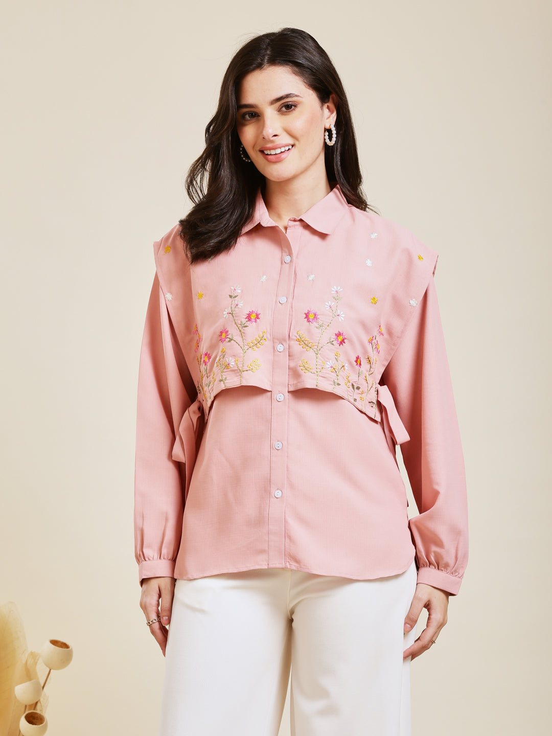 Baby Pink Embroidered Viscose Blend Shirt for Women