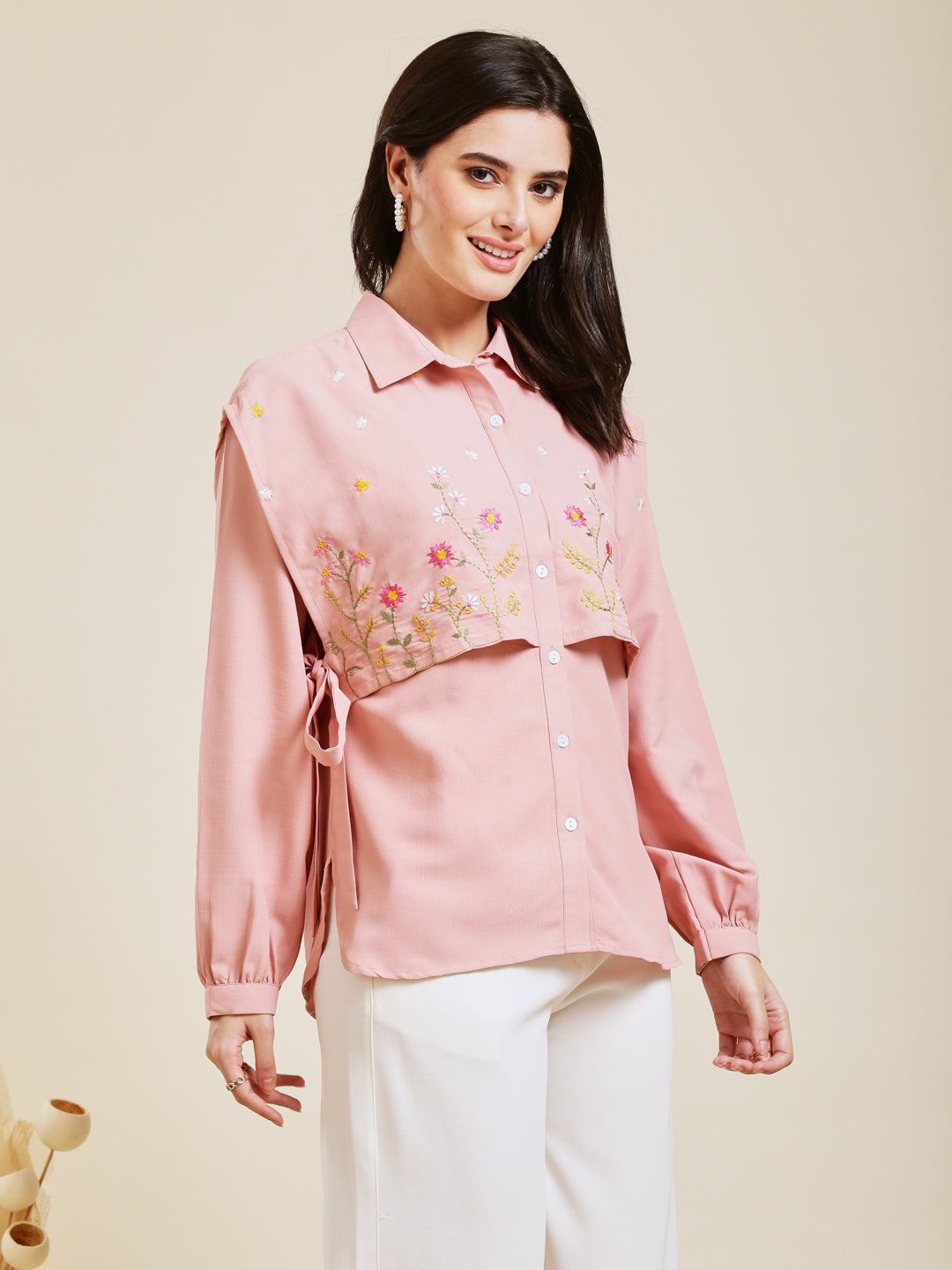 Baby Pink Embroidered Viscose Blend Shirt for Women