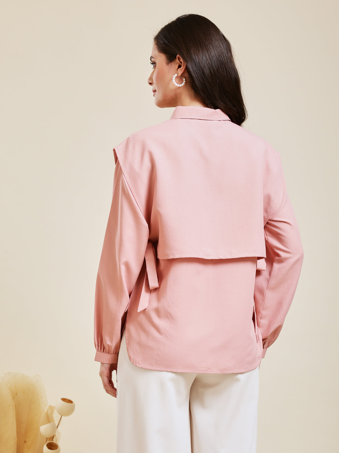 Baby Pink Embroidered Viscose Blend Shirt for Women